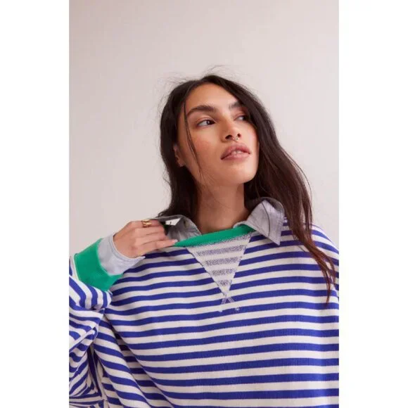We The Free x Free People Classic Striped Oversized Crewneck Sweater Top - Picture 2 of 8